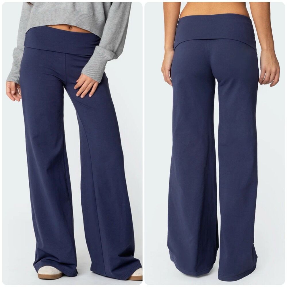Edikted Wide Leg Foldover Leggings Pants in Navy Blue Womens sz M Cotton